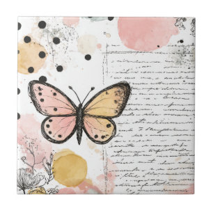Aquarell Schmetterling Rosa Gold Boho Natur Kunst Fliese