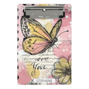 Aquarell Schmetterling Rosa Gold Boho Natur Kunst Mini Klemmbrett