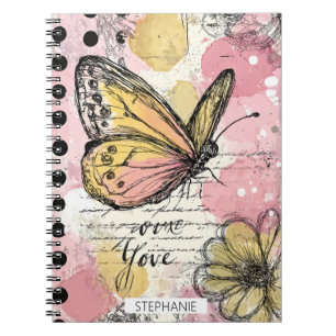 Aquarell Schmetterling Rosa Gold Boho Natur Kunst Notizblock