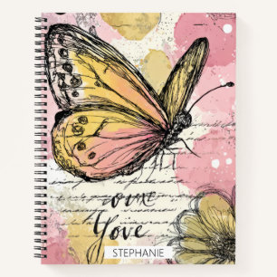 Aquarell Schmetterling Rosa Gold Boho Natur Kunst Notizbuch
