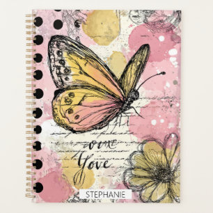 Aquarell Schmetterling Rosa Gold Boho Natur Kunst  Planer