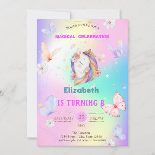 Aquarell Schmetterlinge Einhorn Holografisch  Einladung