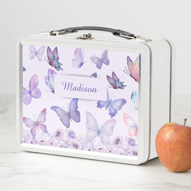 Aquarell Schmetterlinge Wildblumen Garten Lilac Metall Brotdose (Beispiel)
