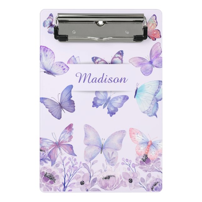 Aquarell Schmetterlinge Wildblumen Garten Lilac Mini Klemmbrett (Vorderseite)