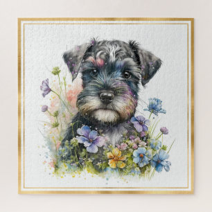 Aquarell-Schnauzer-Welpe mit Goldrahmen