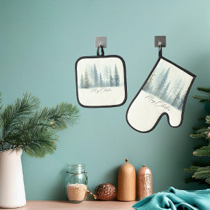 Aquarell schneebedeckte Bäume benutzerdefiniertes Ofenhandschuh & Topflappen-Set