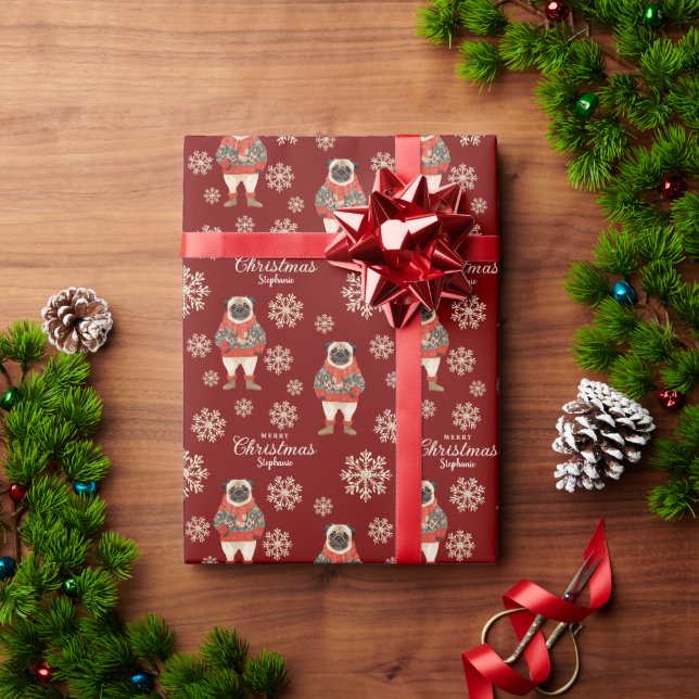 Aquarell Schneeflocken Roter Mops Weihnachten Geschenkpapier (Feiertagsgeschenk)
