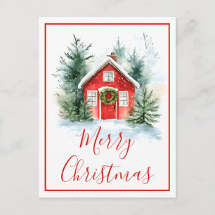 Aquarell-Schneehütte-Frohe-Weihnachtskarte Feiertagspostkarte