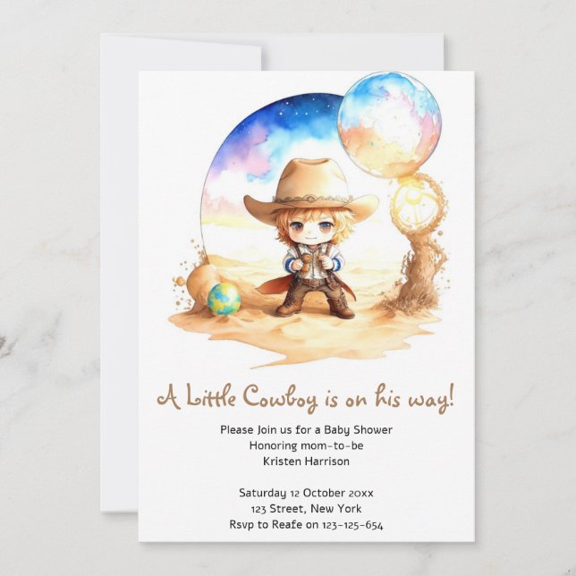 Aquarell: Schnüren Sie die Cowboy-Babydusche Einladung (Vorderseite)