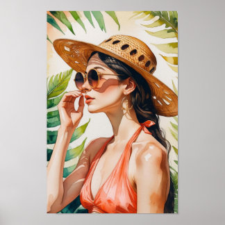 Aquarell Schön in Pfirsich Frau Poster