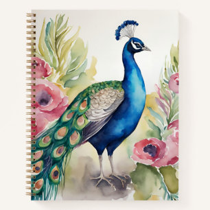 Aquarell schöner Pfau zwischen Blumen Notizbuch