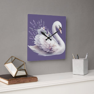 Aquarell-Schwan mit Lavendelblüten Quadratische Wanduhr