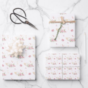 Aquarell-Schwan und rosa Rose hübsches Babygeschen Geschenkpapier Set