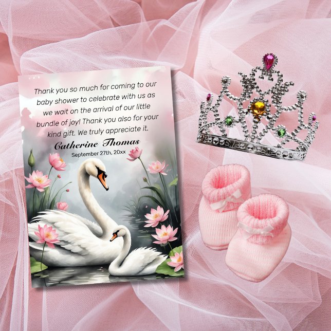 Aquarell Schwanensee Pink Lotus Florale Babydusche Dankeskarte (Von Creator hochgeladen)