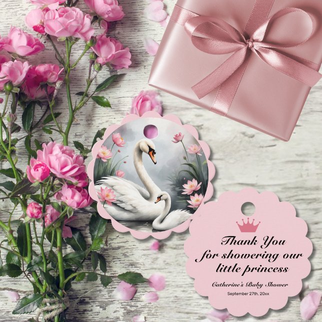 Aquarell Schwanensee Pink Lotus Florale Babydusche Geschenkanhänger (Von Creator hochgeladen)