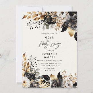Aquarell Schwarz Gold Floral 60. Geburtstag Einladung