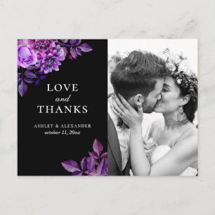 Aquarell schwarz & violette florale Hochzeits-Dank Postkarte