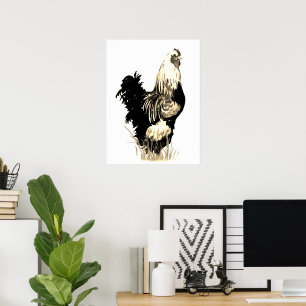 Aquarell Schwarz Weiß Hahn Huhn Bauernhof Vogel Poster