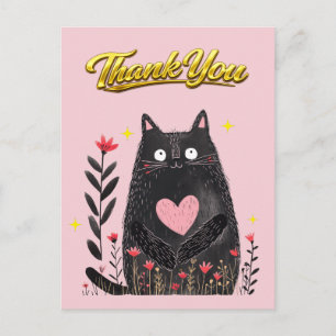 Aquarell Schwarze Katze mit Herz Danke Postkarte