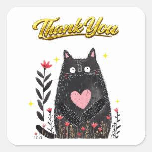 Aquarell Schwarze Katze mit Herz Danke Quadratischer Aufkleber