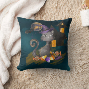 Aquarell schwarze Katze mit Süßigkeiten, Halloween Kissen