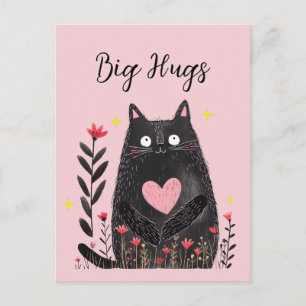Aquarell Schwarze Katze Rosa Herz Große Umarmungen Postkarte