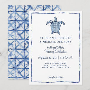 Aquarell Sea Turtle Beach Wedding Shibori Indigo Einladung