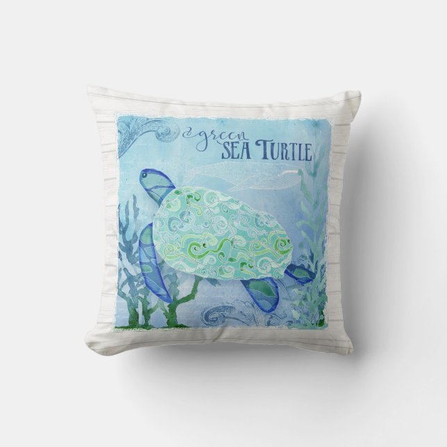 Aquarell Sea Turtle Coral Whale Beach Art Kissen (Vorderseite)