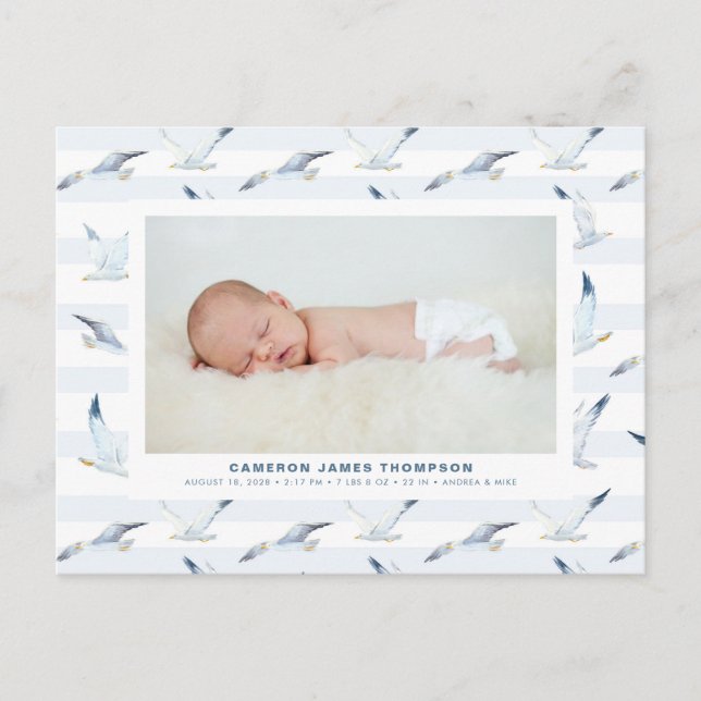 Aquarell Seagullen Streifen Muster Foto Geburt Ankündigungspostkarte (Vorderseite)