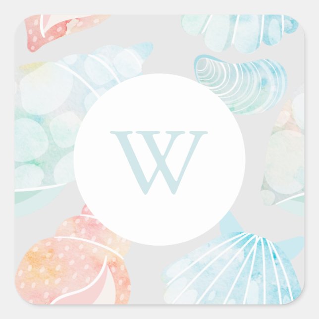 Aquarell Seashell Monogram Classic SquareSticker Quadratischer Aufkleber (Vorderseite)
