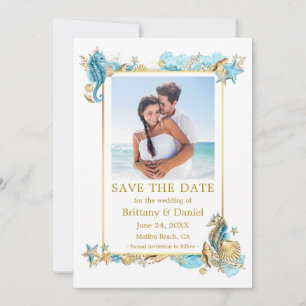 Aquarell Seashells Korallenküste Blue Gold Gold Save The Date