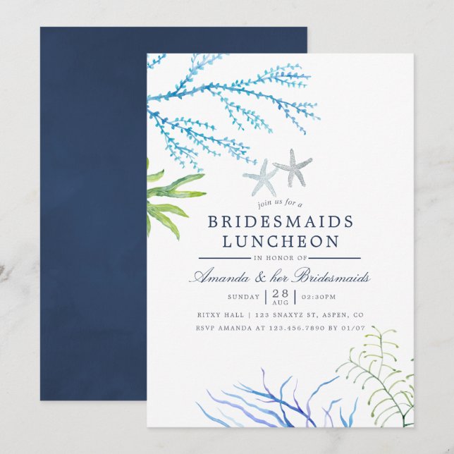 Aquarell Seaweed Beach Bridesmais Luncheon Einladung (Vorne/Hinten)