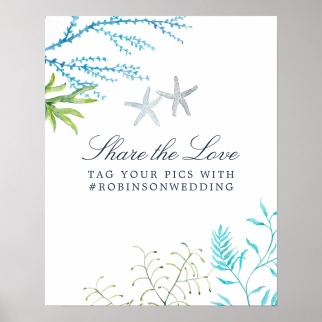 Aquarell Seaweed Beach Wedding Hashtag Poster (Vorne)