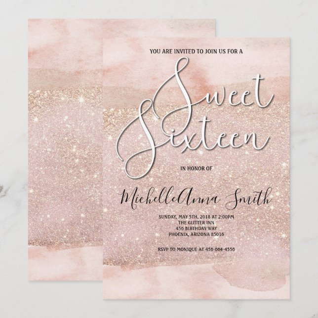 Aquarell sechzehn des Bonbon-16 erröten Einladung (Vorne/Hinten)