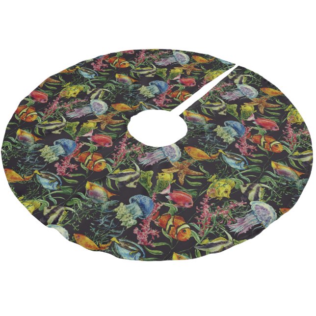 Aquarell-Seeleben-Muster 1 Polyester Weihnachtsbaumdecke (Schrägansicht)