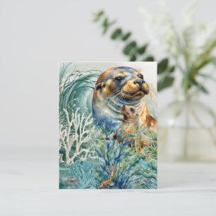 Aquarell-Seelöwe und Jungtier-Grußkarte Dankeskarte