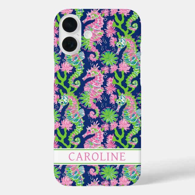 Aquarell-Seepferdchen-Monogramm iPhone 16 Plus Hülle (Rückseite)