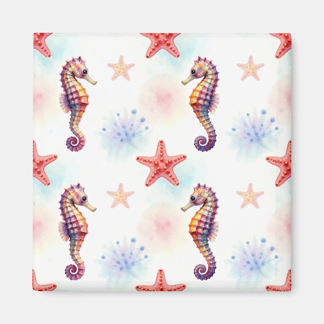 Aquarell-Seepferdchen-Seestern-Muster Magnet (Vorne)