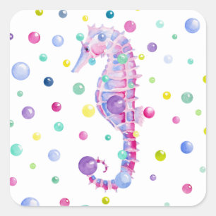 Aquarell-Seepferdchen und farbenfrohe Blasen Quadratischer Aufkleber
