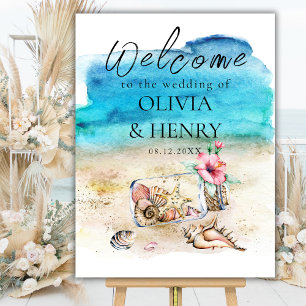Aquarell-Seestern-Strand-Hochzeits-Willkommensschi Poster