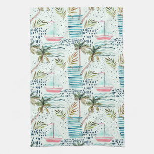 Aquarell-Segelboot mit Palme-Muster Geschirrtuch