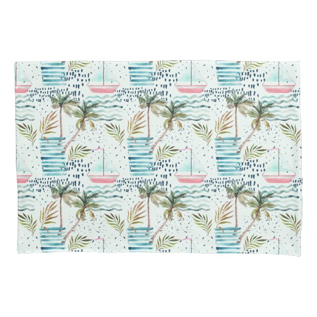 Aquarell-Segelboot mit Palme-Muster Kissenbezug (Vorderseite-Links)