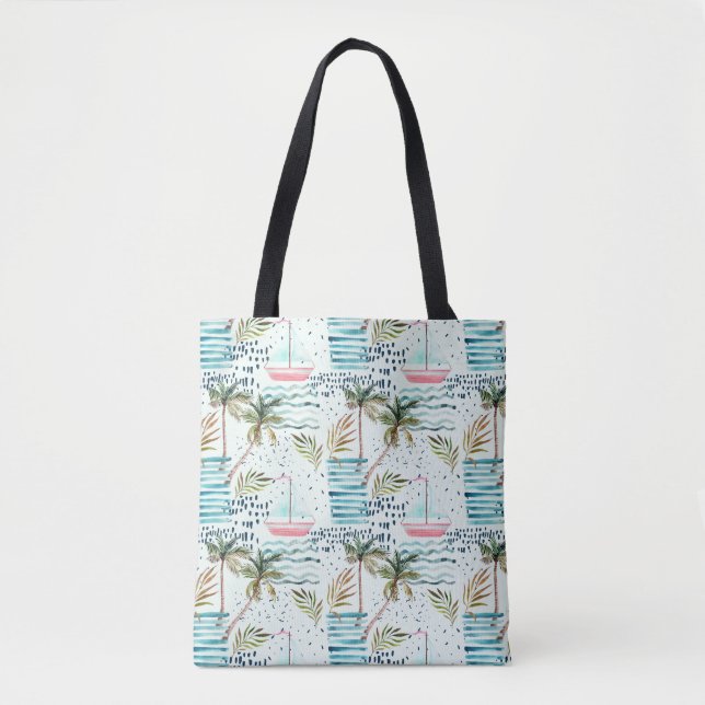 Aquarell-Segelboot mit Palme-Muster Tasche (Vorderseite)