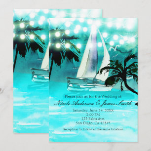 Aquarell-Segelboot-Palmen u. Schnur-Lichter Einladung