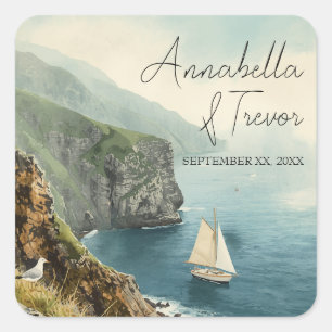Aquarell-Segelboot und Küstenklippen Benutzername Quadratischer Aufkleber