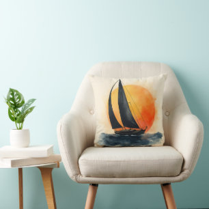 Aquarell-Segelschiff bei Sonnenuntergang Kissen