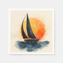 Aquarell-Segelschiff bei Sonnenuntergang Serviette