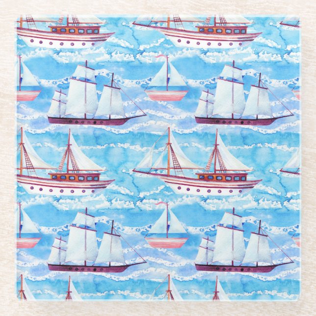 Aquarell-Segelschiff-Muster Glasuntersetzer (Vorderseite)