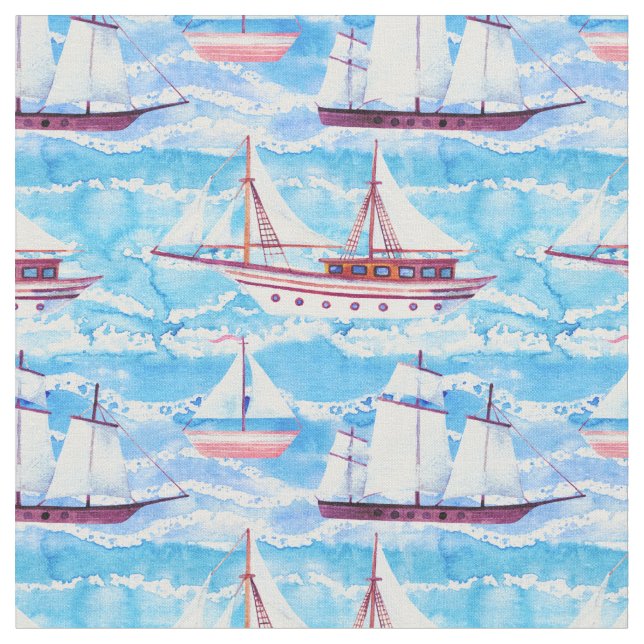 Aquarell-Segelschiff-Muster Stoff (Nahaufnahme)