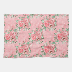 Aquarell Shabby Chic rosa Rosen und Punkte Geschirrtuch